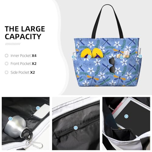Large Beach Bags Water-resistant Sandproof - Dragonfly Plants Print Cute Beach Tote Bags for Women with Zipper3