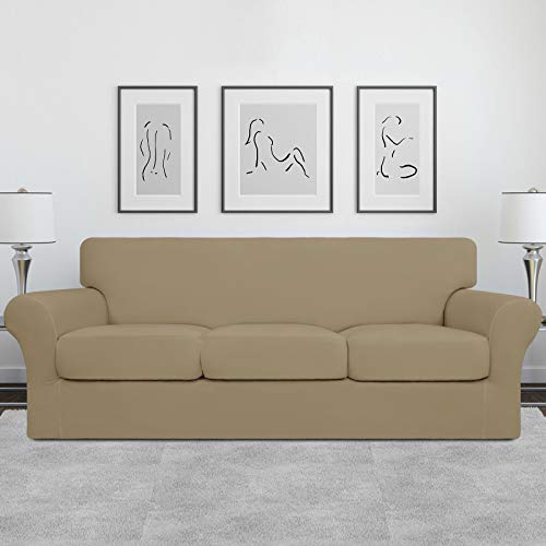 Image of Easy-Going 4 Pieces Stretch Soft Couch Cover for Dogs - Washable Sofa Slipcover for 3 Separate Cushion Couch - Elastic Furniture Protector for Pets, Kids(Sofa, Tan, Large) | Sofa Slipcover for Stretch 3 Separate Sectional Cushion Couch - Furniture Protector for Pets, Kids Tan