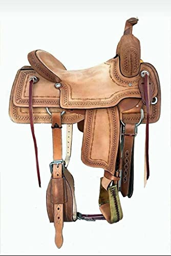 Ali Leather Store Western Leather Hand Carved Ranch Roper Horse Saddle With Matching Headstall, Breastplate, Reins & Back Cinch, Seat Size 12" To 18" Inches. (Roughout, 16" Inches Seat) #TOP12