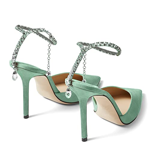 Image of LauraVicci Women's Heeled Sandals Crystal Chain Ankle Straps Rhinestones Buckle High Heels Stiletto Slip On Wedding Party Satin Dress Shoes