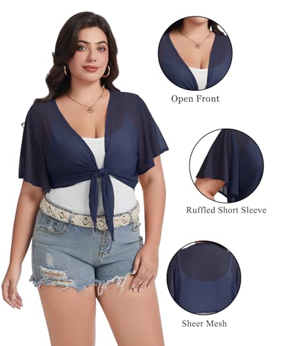 Image of Women Crop Cardigan Sheer Mesh Bolero Shrugs for Dresses Plus Size Tie Front Cardigans Ruffled Short Sleeve Tops