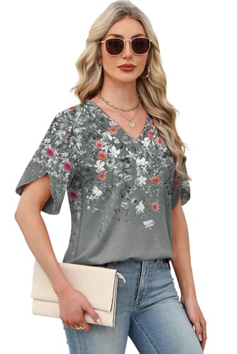 Image of WIHOLL Womens Summer Tops Short Petal Sleeve Shirts Fashion V Neck Womens Clothing