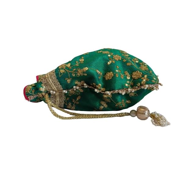Potli Bags for Women - Green in Raw Silk with Gota Border - Image 3