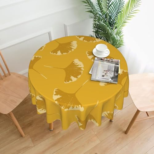 Pcoiuyb Hojas de Ginkgo Florales sobre Ocre Amarillo,Mantel Redondo, Impermeable, a Prueba de Polvo y Antiarrugas Cubierta de Mesa,60 Pulgadas