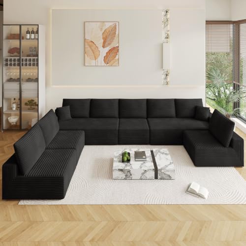 Image of Oversized Modular Sectional Sofa Couch, Large 8 Seater Corner Sofa Modern U Shaped Sectional Couch Cloud Couches for Living Room, Office, Spacious Space, Corduroy, No Assembly Required, Black