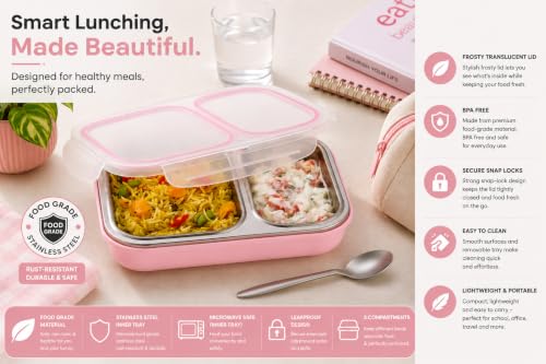 Image of Bento Lunch Box 550ml, Stainless Steel Lunch Box with 2 Compartments & Spoon, Microwave Safe BPA Free Tiffin Box, Leak Resistant Lunch Box for Kids & Adults, Office, School & Travel Pink