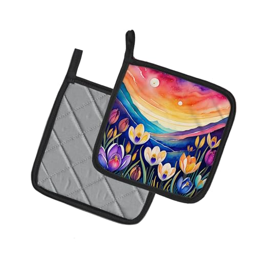 Image of Caroline's Treasures Colorful Crocus Pair of Pot Holders Kitchen Heat Resistant Pot Holders Sets Oven Hot Pads for Cooking Baking BBQ, 7 1 /2 x 7 1 /2