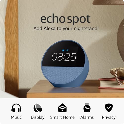 Echo Spot (newest gen), Smart alarm clock with vibrant sound, Ocean Blue, with Alexa+ Early Access