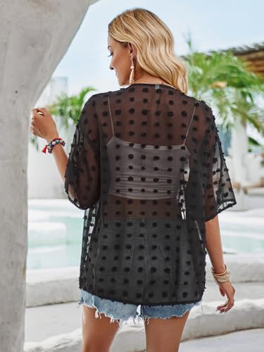 Image of Womens Summer Open Front Half Sleeve Lightweight Swiss Dots Cardigan Loose Kimono Sheer Beach Cover Up