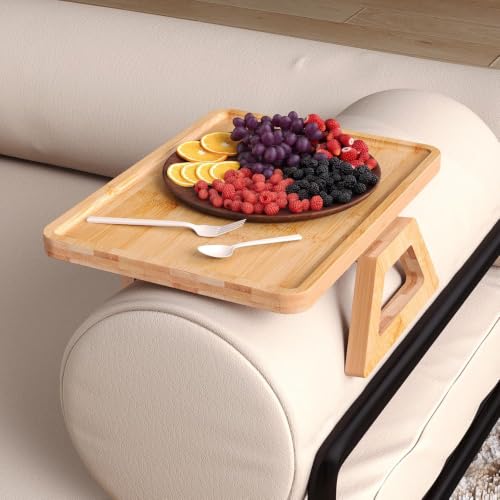 Image of Curated Cart Bamboo Serving Tray with Cut-Out Handles - Rattan Cane Woven Base - Eco-Friendly Rustic Tray for Coffee Table, Breakfast (Sofa Armrest Tray)