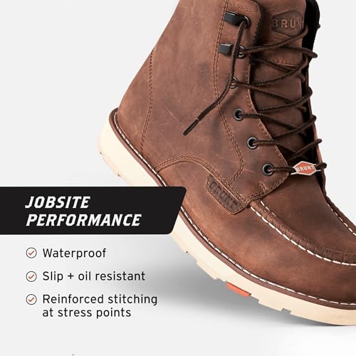 BRUNT Marin (Soft Toe) - Brown - 6" Waterproof Moc Toe Wedge Work Boot - EH Rated - Slip + Oil Resistant - Adjustable Width System3