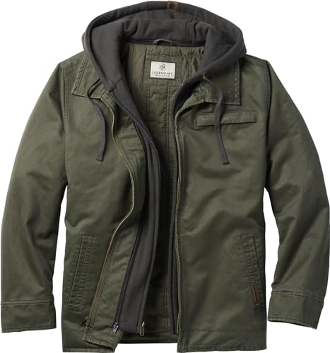 Legendary Whitetails Mens Casual Coat with Hood Waxed Cotton Water Resistant, Army, SML