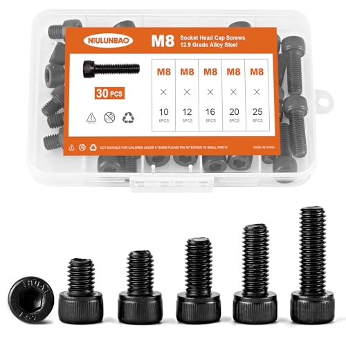 NIULUNBAO Vis tête hexagonale M8 x 10-25mm acier alliage 12.9, 30 pcs