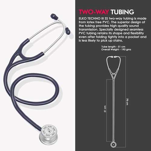 Image of ELKO TECHNO III SS Stainless Steel Stethoscope with ENGRAVING | Engrave Your Name or Initials on the Chest Piece | Lightweight Double-Sided Stainless Steel Chest piece | Two-Way PVC Tubing | Ideal for Doctors & Medical Students (Blue)