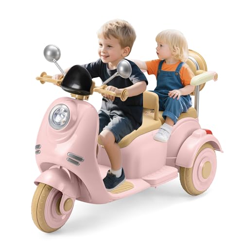 Winfire Girls Electric Motorcycle 12V Ride On Scooter for Kids, 2 Seater with Storage & Dual Motors, 3-Wheel Electric Ride On Toy for Girls Ages 3-8, Safe & Cute Design (Pink)