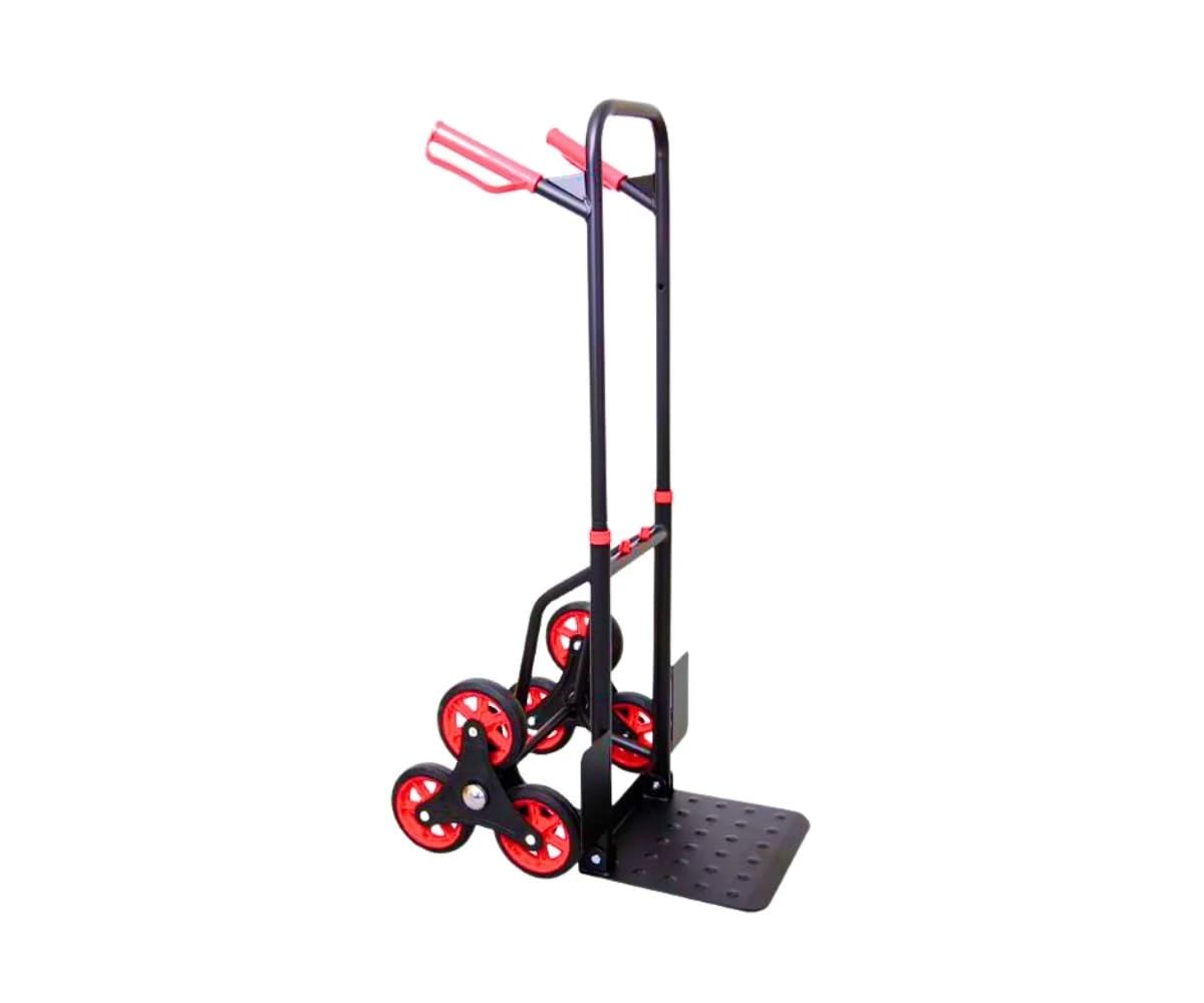 PROREGAL Diable Pro pour escaliers Taurus | HxLxP 110x45x61 cm | Capacité de Charge 150kg | Acier| TPR- Roues Caoutchouc| Rouge-Noir