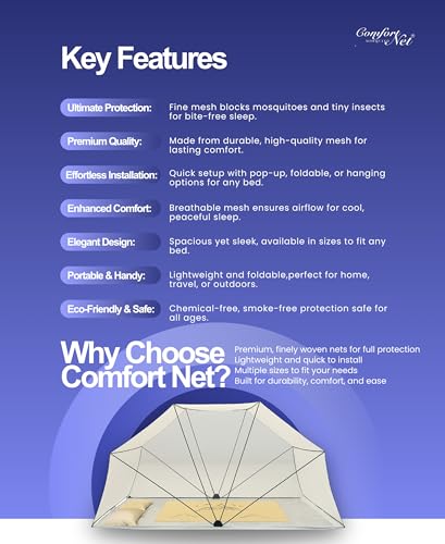 Image of Comfort Mosquito Net | Foldable Poly-Cotton Mosquito Net with Metal Frame | King Bed Size 6 x 6 ft (Cream)