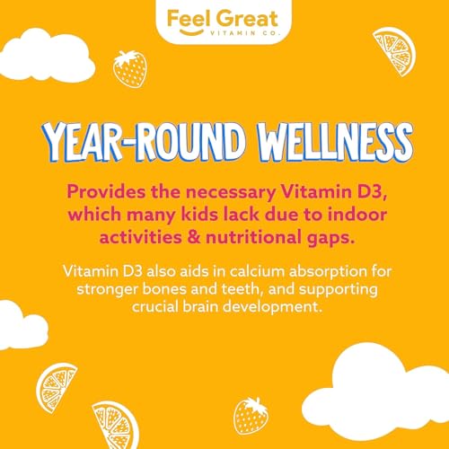 Image of Vitamin D3 + K2 1000IU Gummy Vitamins for Kids (60 Day Supply) by Feel Great Vitamin Co | 60 Gummies | Delicious Plant Based Gummies | Supports Healthy Bones, Teeth, Mood, Immune System*