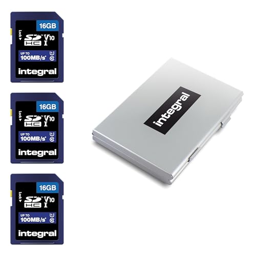 Integral Confezione da 3 schede SD da 16 GB in una custodia protettiva in metallo a 6 slot Memoria SDHC ad alta velocità fino a 100 MB/s V10 UHS U1