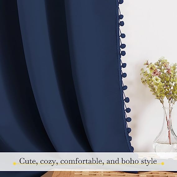 Image of Amazon Brand - Umi Velvet Eyelet Door Curtains with pom pom Lace for Living Room Bedroom Kitchen 1 pc Pack in Blue Color (Windows - 4 feet x 6 feet)