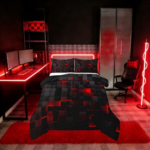 Image of Erosebridal Black and Red Comforter Set Queen Neon Geometric Checkered Bedding Set Gamer Room Decor for Boys,Abstract Grids Quilt Comforter for Kids Teen Men Plaid Check Bed Set 3 Pcs