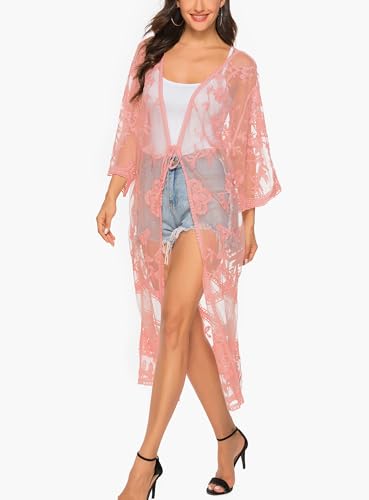 Cárdigan tipo kimono de encaje para mujer largo boho chaqueta playera ligera 4