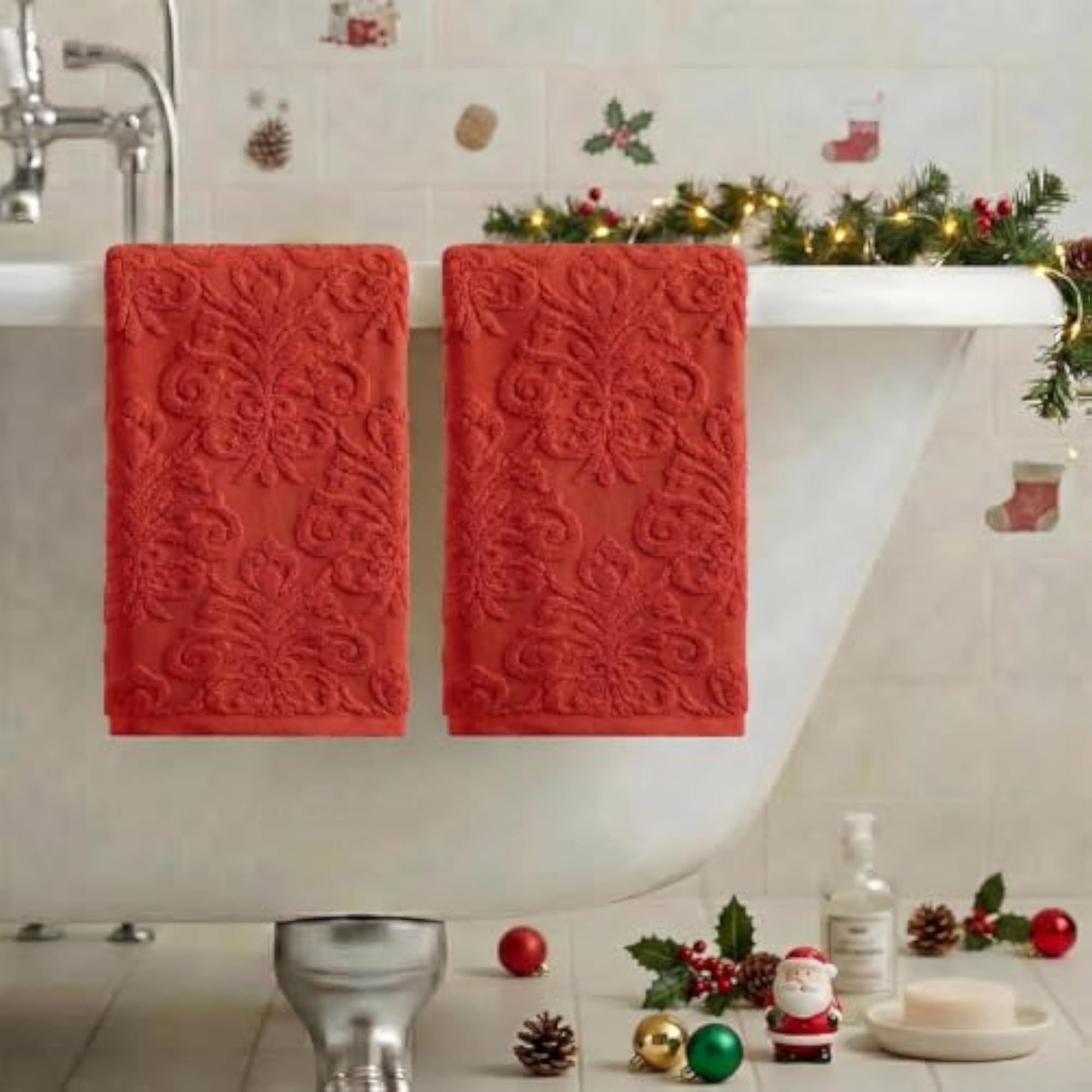2 Pcs Red 3D Vintage Floral Hand Towels