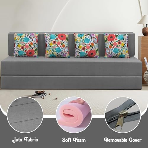 Image of Rosebell Foldable 4 Seater Sofa Cum Bed, Sofa Bed 6 X 6 Feet, Jute Fabric- Washable Cover- Including Four Cushion Perfect for Home & Office, Guest Room - Grey