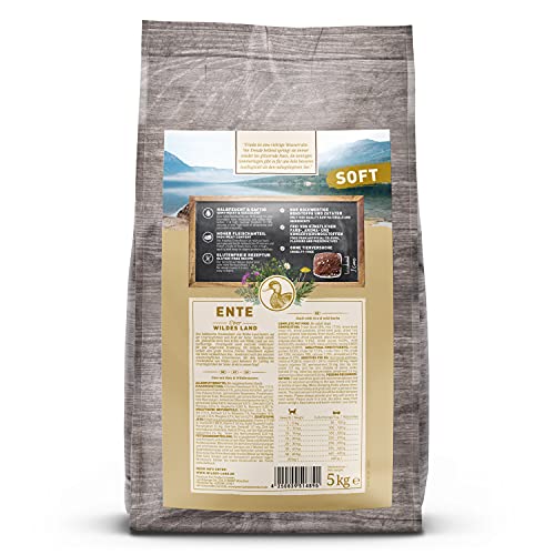 Wildes Land - Halbfeuchtes Trockenfutter für Hunde - Ente - 5 kg - Soft mit Reis und Wildkräutern - Glutenfrei - Extra viel Fleisch - Für alle Hunderassen - Beste Akzeptanz