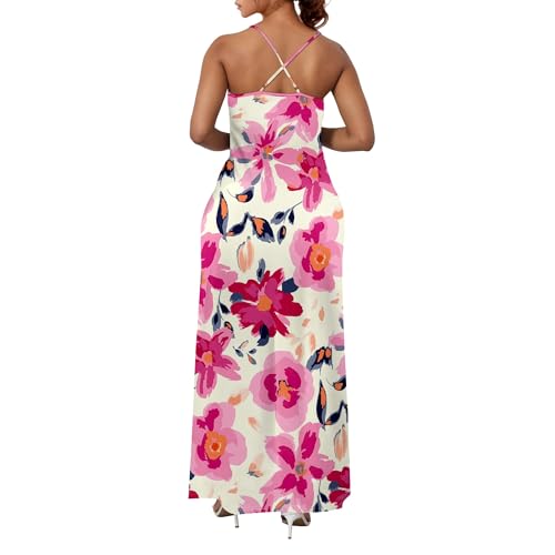 Image of Women Floral Sundress Summer Casual Spaghetti Strap V Neck Long Maxi Dress Sexy Boho Beach Dresses with Pockets Floral-3 XXL