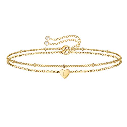 Image of Dainty Heart Initial Bracelets for Women Girls, 14K Gold Filled Handmade Personalized Letter Layered Heart Initial Bracelets for Women Teen Girls Jewelry Gifts