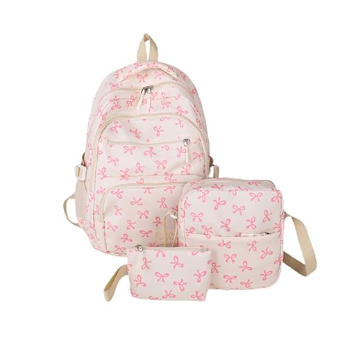 Bow Backpack for Girls, Trendy Nylon Rucksack, Cute Preppy Bag Floral Printed Kawaii Backpack 3 PCS Set (Pink)
