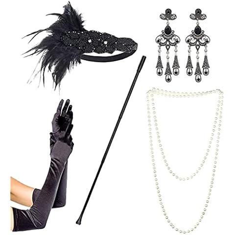 ECOSCO 1920s Gatsby Flapper Costume Accessories Feather Headband Earrings Pearl Necklace Gloves Cigarette Holder (C) Cover