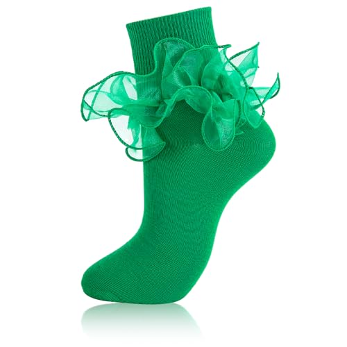 Image of Women Big Ruffle Ankle Socks Adult Double Lace Frilly Socks Fold Cuff Cotton Ruffled Dress Crew Bobby Bride Sock