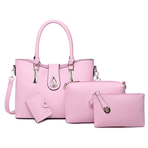 Women's Fashion Handbag+Shoulder Bag+Purse+Card Holder 4pcs PU Leather Tote Set Pink