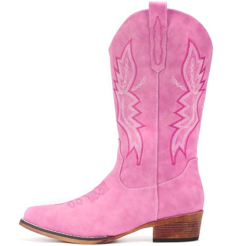 Image of IUV Cowboy Boots for Women Mid Calf Pull-On Cowgirl Boots | Wide Calf Ponited-Toe Western Boots