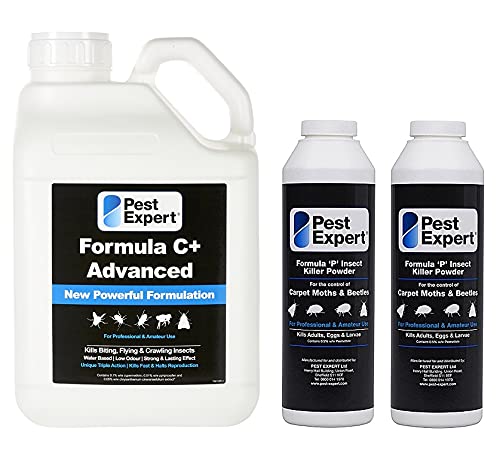 Pest Expert Formula 'C+' Carpet Beetle Killer Spray 5ltr and Carpet Beetle Killer Powder XL pack size 2 x 300g - with Free Trigger Hose Sprayer