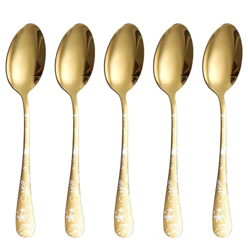 Image of 8 inch Aurum Gold Silverware Dinner Spoons with Floral Printed Handle | 5-Piece Premium Stainless Steel Flatware Set | Dishwasher Safe Cutlery Set for Home, Restaurant & Gifting
