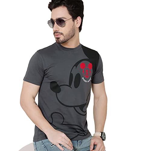 Image of Free Authority Mickey & Friends Printed Regular Fit Grey Cotton Men's T-Shirt