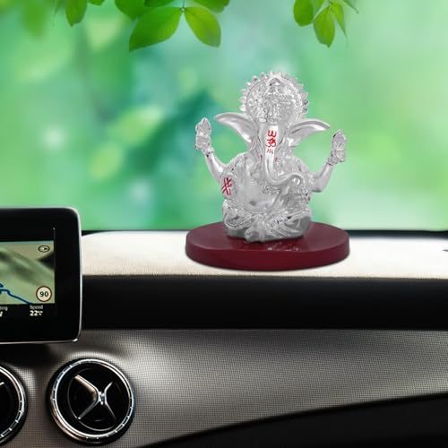 Image of DIVINITI 999 Silver Plated 4 Hand Ganesha Idol for Car Dashboard & Home Decor | Ganpati Murti for Puja Room, Office & Vehicle | Spiritual Showpiece for Wealth, Success & Protection (6X7.5 Cm)