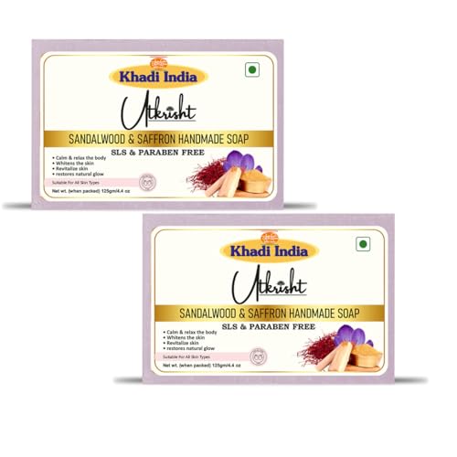 Image of Utkrisht Khadi Sandalwood & Saffron Handmade Bathing Soap Bar 125g (Pack of 2) | Natural & Herbal | Deep Cleansing for Glowing & Brightening Skin | Evens Out Skin Tone | All Skin Types | Men & Women