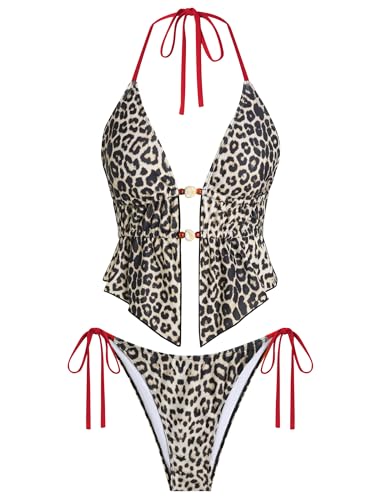 Image of ZAFUL Halter Swimsuits for Women Textured Backless 2 Piece Bathing Suits Cheeky High Cut String Tie Side Bikini Sets