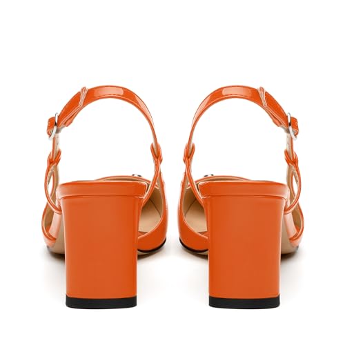 Women's Pumps, Slingback Square Toe Mid Chunky Heels, Fashion Adjustable Strap Buckle Patent Shoes for Women 2.56 Inch4