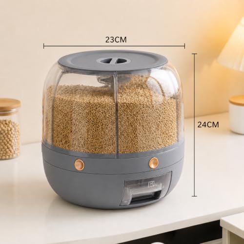 Image of Dravizon 6-Grid Rotating Food Dispenser - Rotating Rice Bucket Rice Storage Tank, Cereal Dispenser,Stackable Food Storage Containers, One-Click Picking (Grey)