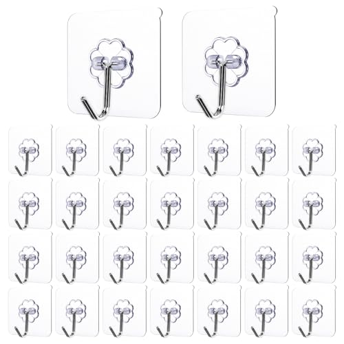 Crpzszshtp 30-Pack Strong Adhesive Wall Hooks for Hanging Heavy Duty, Self Adhesive Towel Coat Hat Hook Bathroom Shower Organizer for Wall,Door,Closet Hanging Hooks, No Drilling (Transparent)