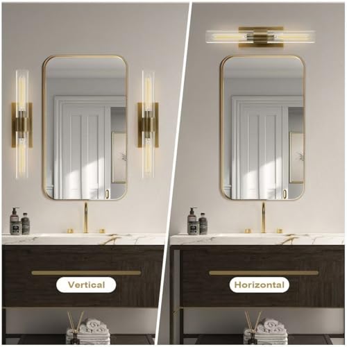 Image of YUYI Brass Wall Sconces Set of Two, 22.8'' Gold Bathroom Sconces Wall Decor with Clear Glass Shade, Indoor Vanity Wall Lights for Bathroom Living Room Bedroom Hallway Fireplace Staircase