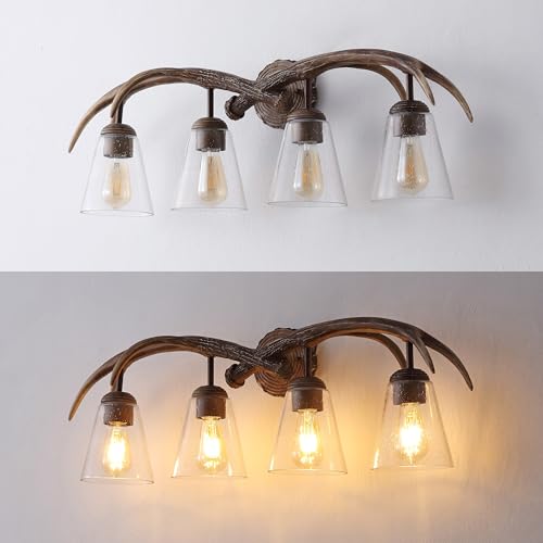 Image of JONATHAN Y 32.5 inch Brown Wood Finish 4-Light Resin Antlers Vanity Light Wall Sconce Rustic Farmhouse for Living Room Bathroom with Clear Seeded Glass Shades LED Bulbs Included JYL6315A