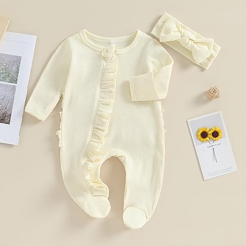 Newborn Baby Girl Coming Home Clothes Long Sleeve Jumpsuit and Headband Infant Fall Winter Outfits3