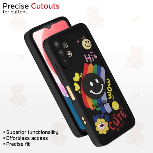 Image of Pikkme Back Cover for Samsung Galaxy A13 4G / A13 5G | Soft Silicone| Cute Rainbow Smile & 3D Cartoon Flower Design | Shockproof Raised Camera Protection Bumper Case (Black)