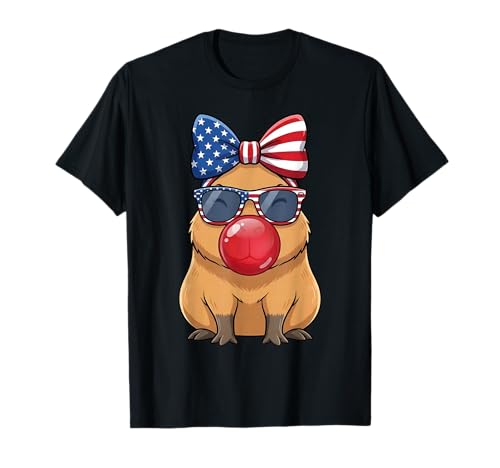 Patriotic Capybara 4th of July Bow American Flag Girls Women T-Shirt